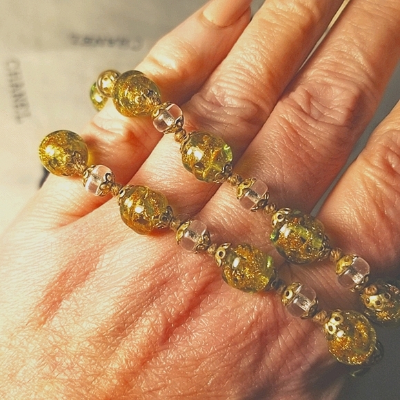 Murano Jewelry - 1940s Green Gold Venetian Murano Glass Necklace